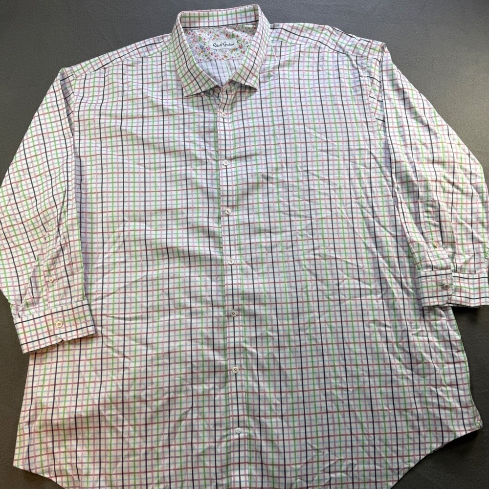Robert Graham Button Down Shirt Mens 2X Big Multicolor Plaid Floral Trim Cotton